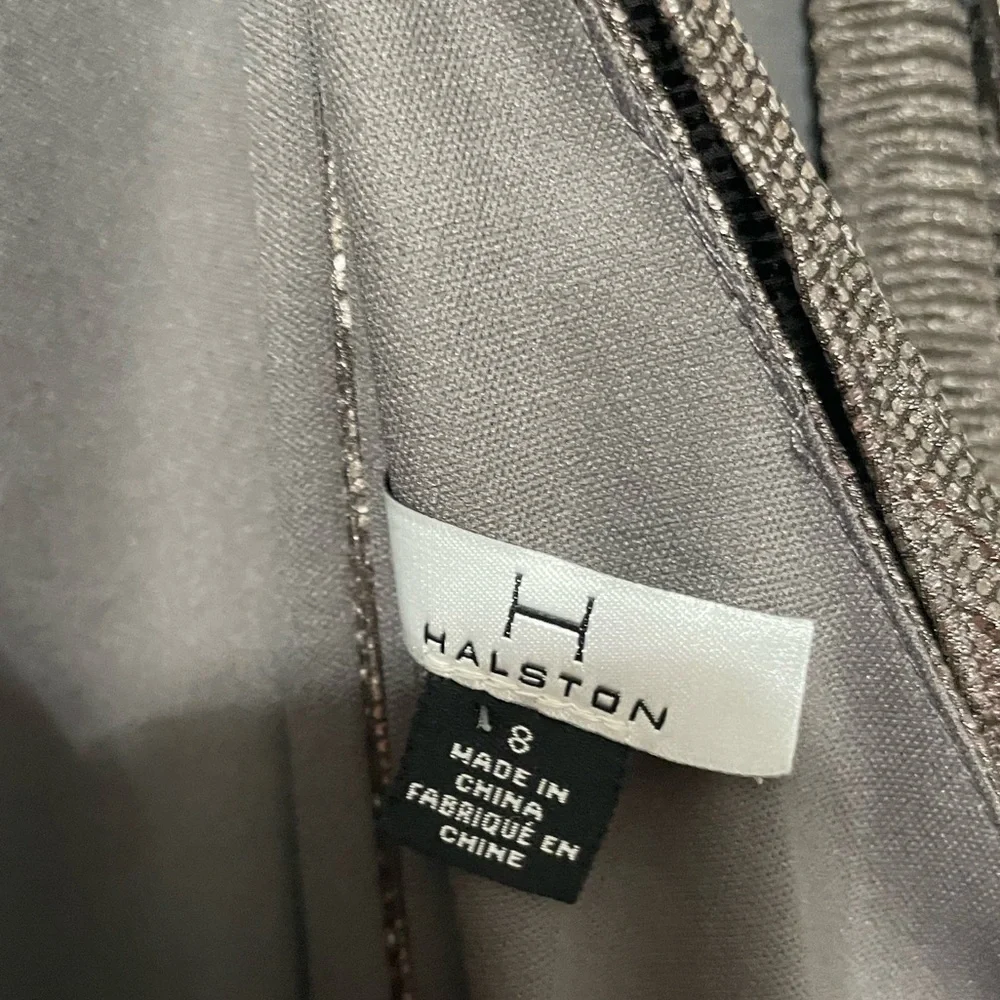 Halston Women’s Hi low Drape Metallic Gunmetal Racer back Midi dress size 8 - Picture 16 of 16